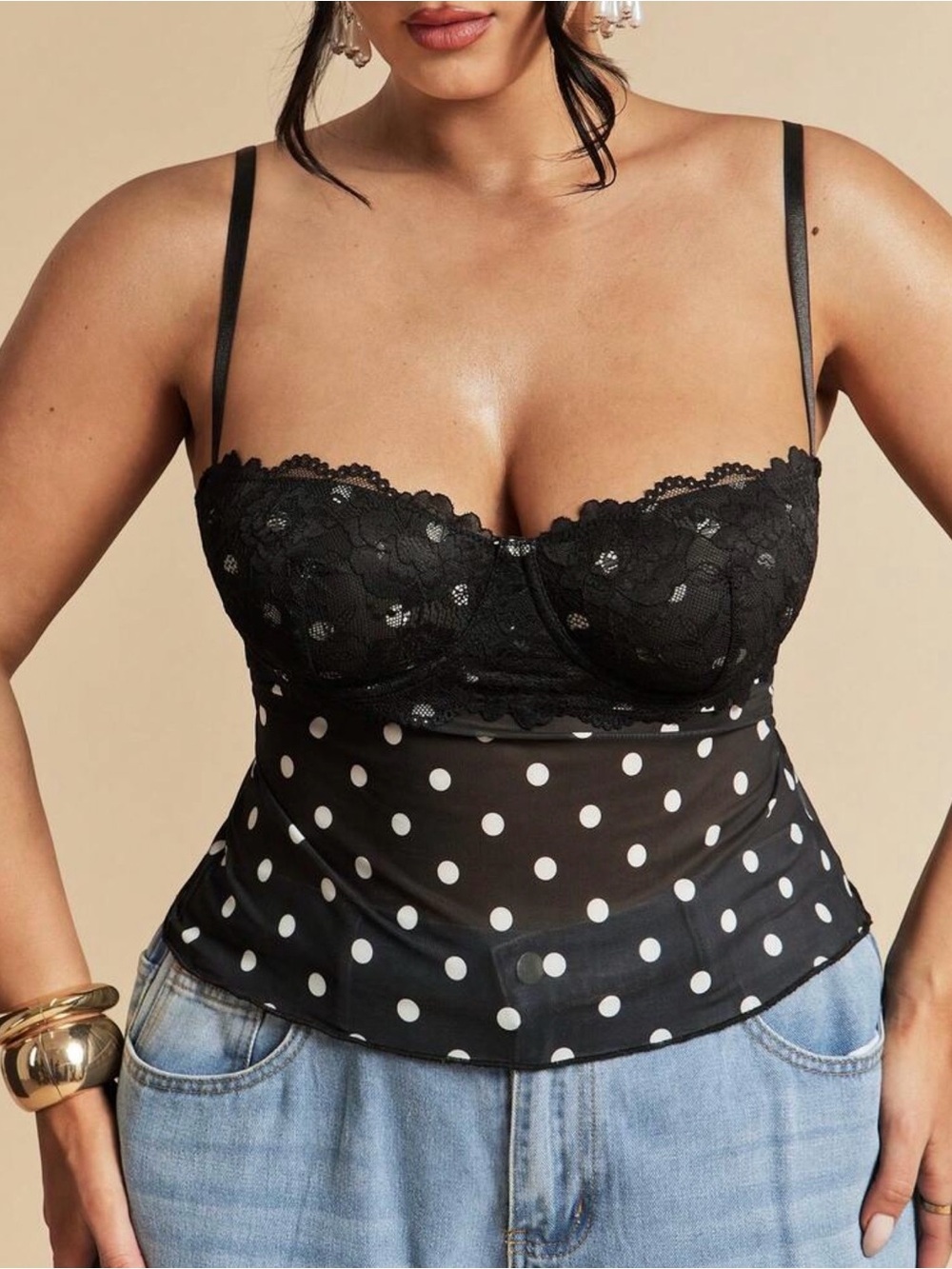 SHEIN Black Lace Polka Dot Bustier Tank Top